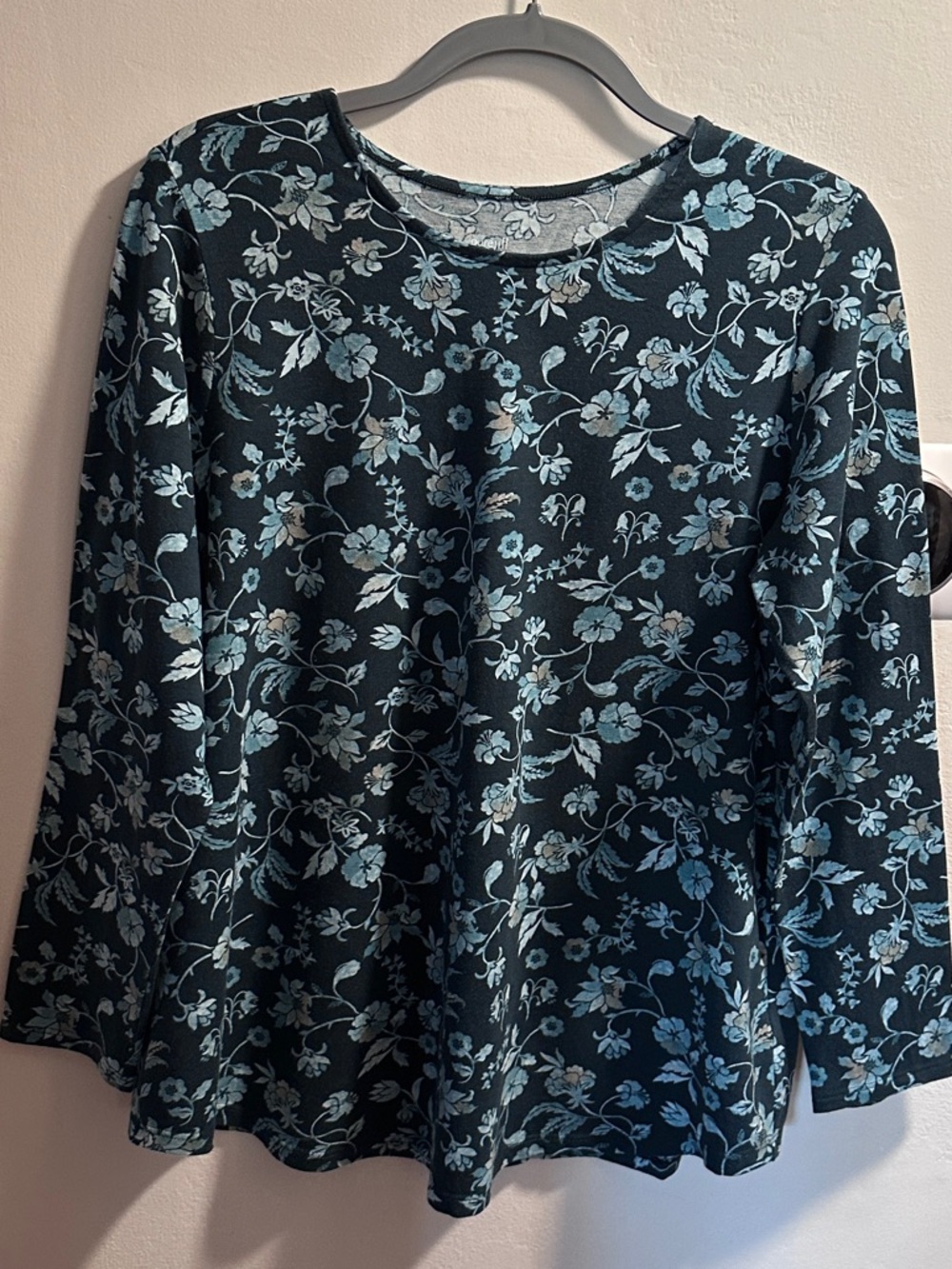 PureJill Petite Women's Floral Long-Sleeve Crewneck Top - Teal/Light Blue